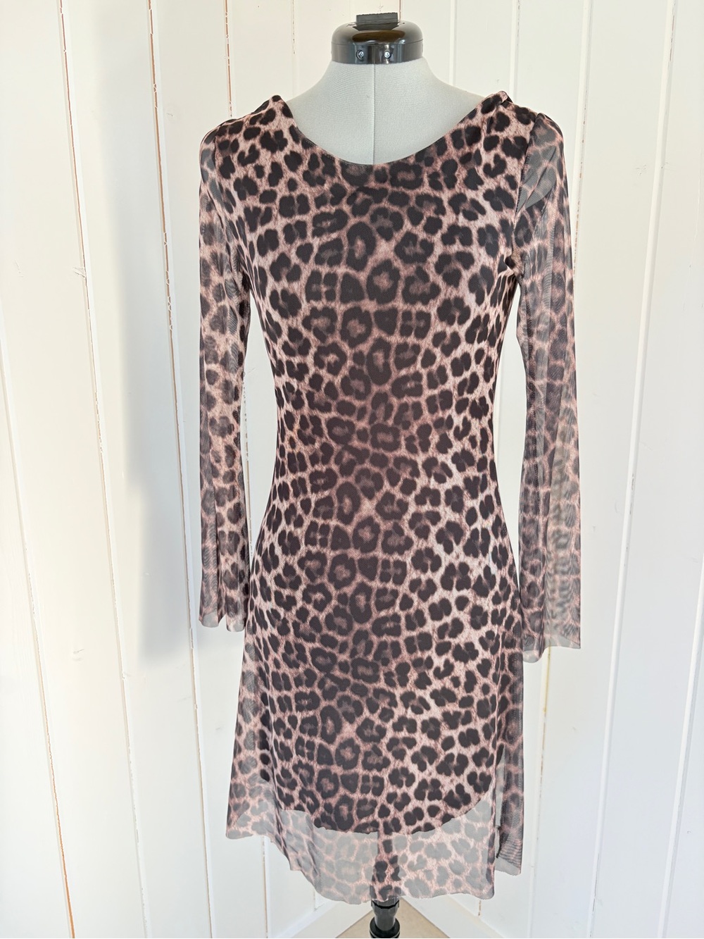 Leopard Print Long Sleeve Mesh Dress - Black & Gray